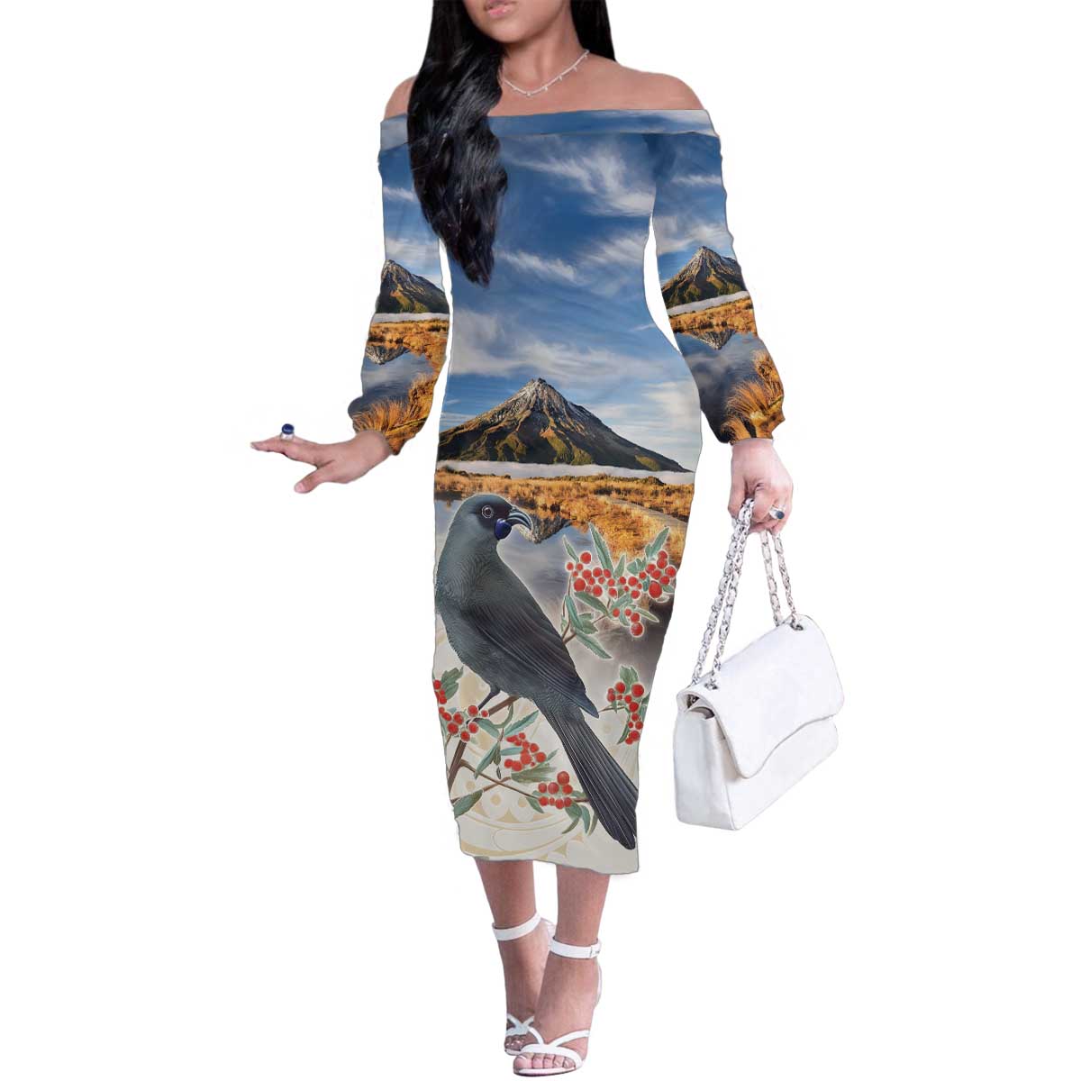 New Zealand Mount Taranaki Landscape Family Matching Off The Shoulder Long Sleeve Dress and Hawaiian Shirt Kokako Bird Polynesian Style