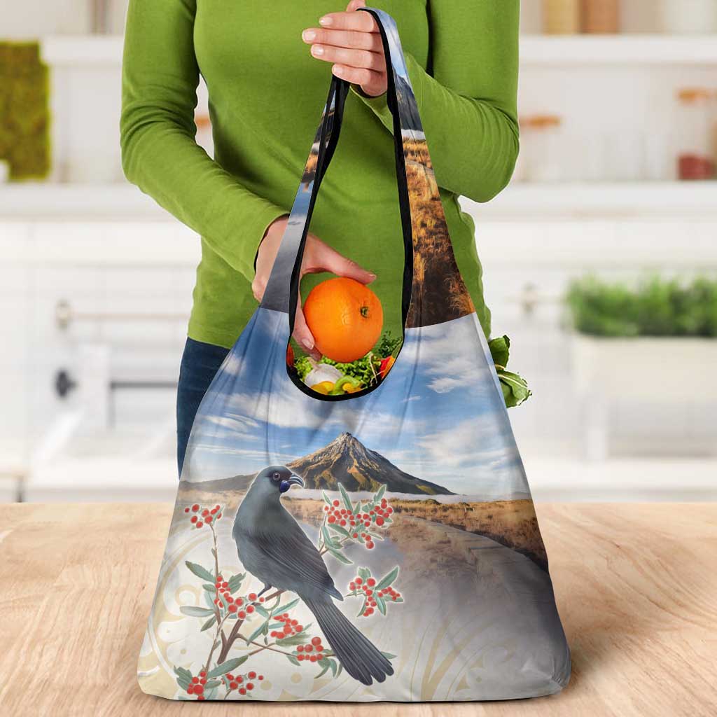 New Zealand Mount Taranaki Landscape Grocery Bag Kokako Bird Polynesian Style