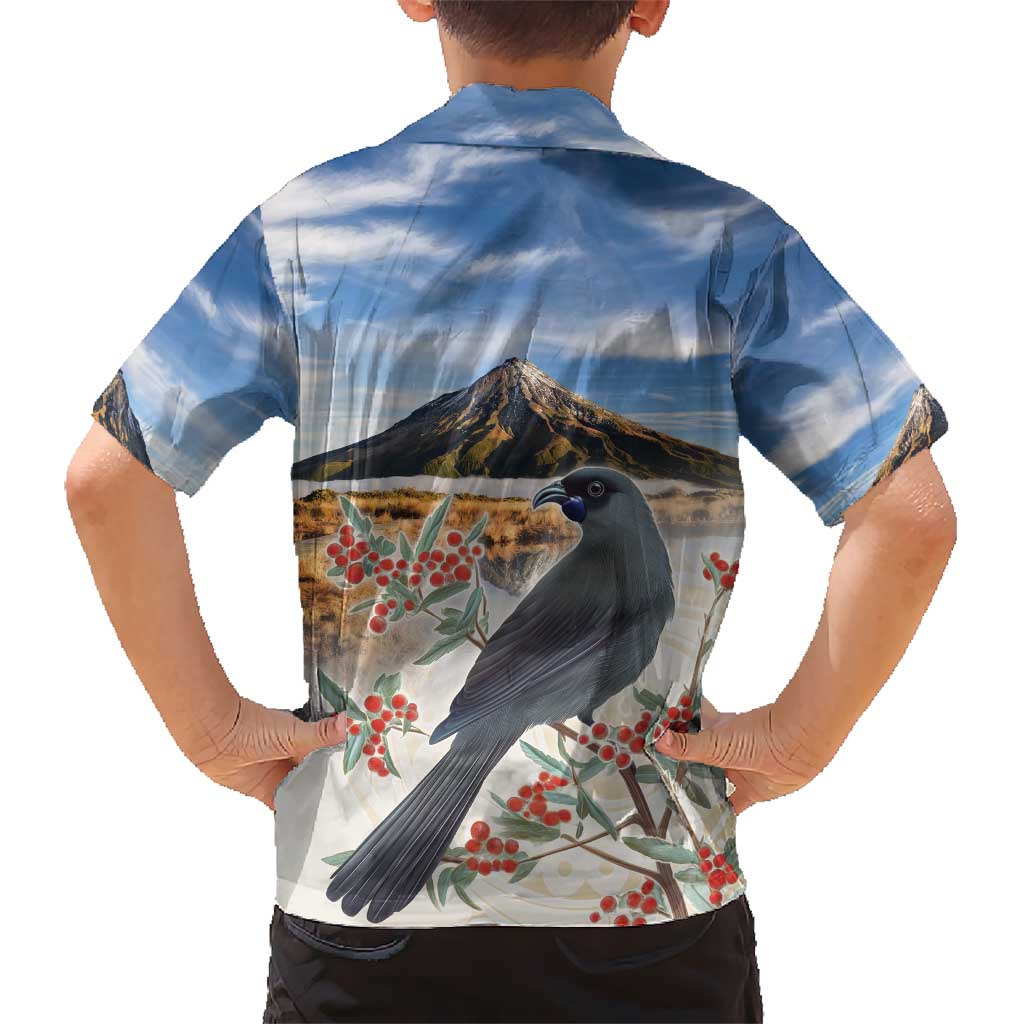 New Zealand Mount Taranaki Landscape Kid Hawaiian Shirt Kokako Bird Polynesian Style