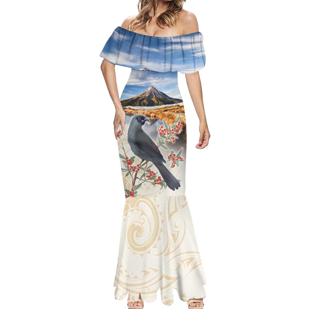 New Zealand Mount Taranaki Landscape Mermaid Dress Kokako Bird Polynesian Style