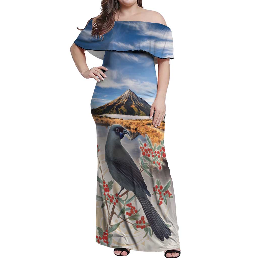 New Zealand Mount Taranaki Landscape Off Shoulder Maxi Dress Kokako Bird Polynesian Style