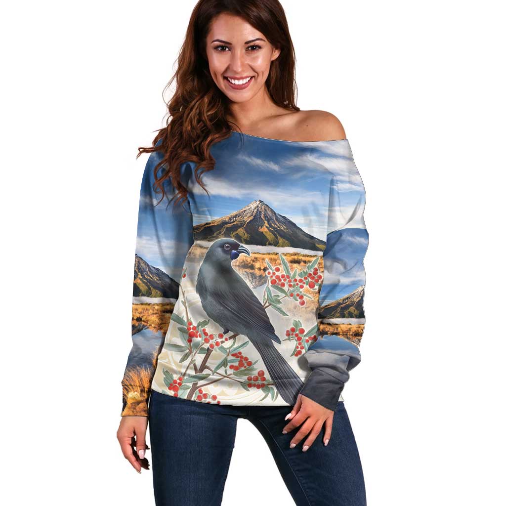 New Zealand Mount Taranaki Landscape Off Shoulder Sweater Kokako Bird Polynesian Style