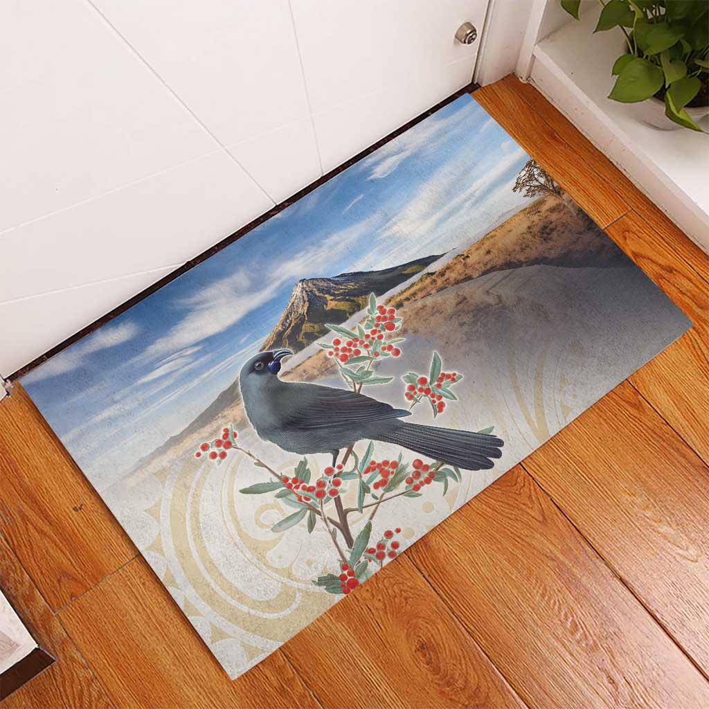 New Zealand Mount Taranaki Landscape Rubber Doormat Kokako Bird Polynesian Style