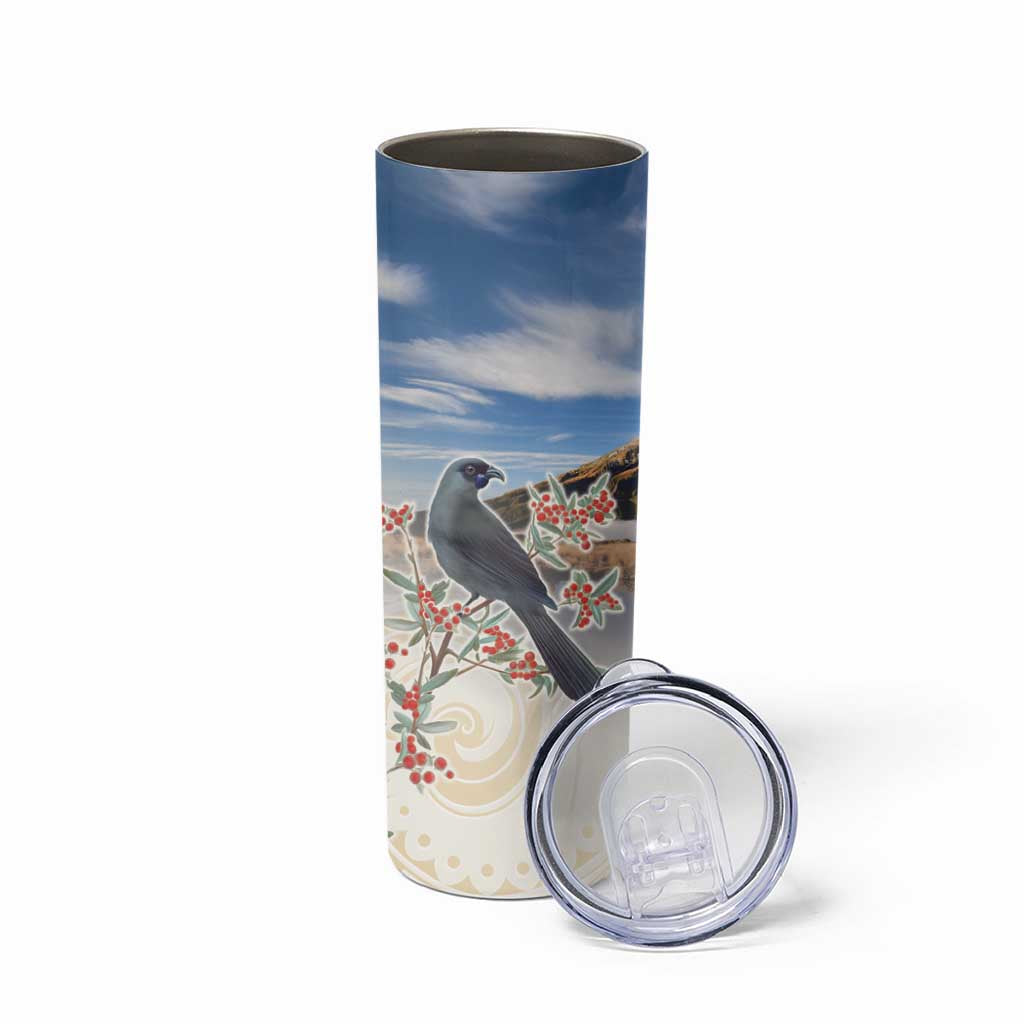 New Zealand Mount Taranaki Landscape Skinny Tumbler Kokako Bird Polynesian Style