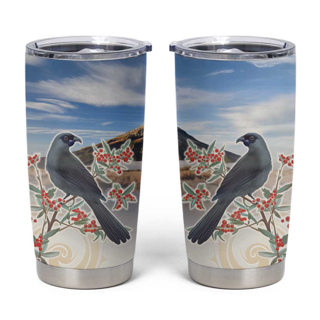 New Zealand Mount Taranaki Landscape Tumbler Cup Kokako Bird Polynesian Style