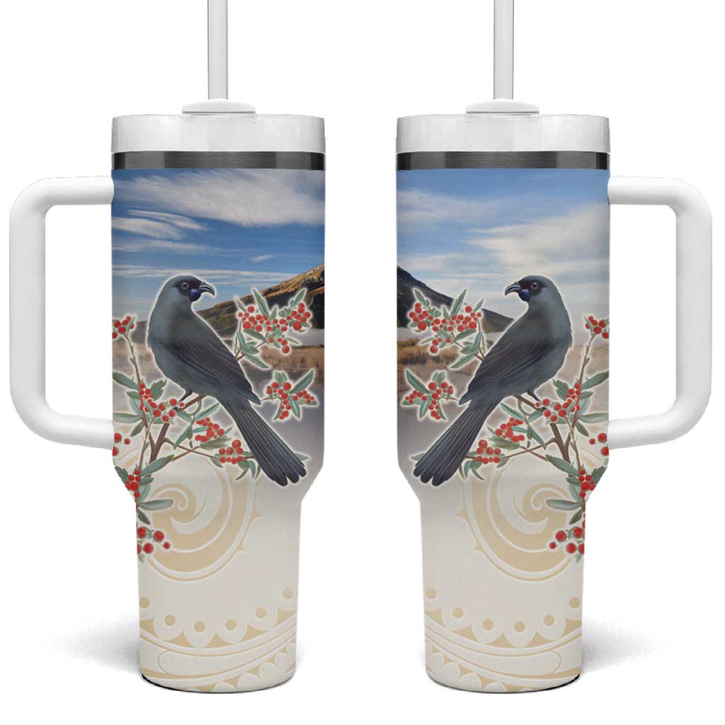New Zealand Mount Taranaki Landscape Tumbler With Handle Kokako Bird Polynesian Style LT05 One Size: 40 oz Blue - Polynesian Pride