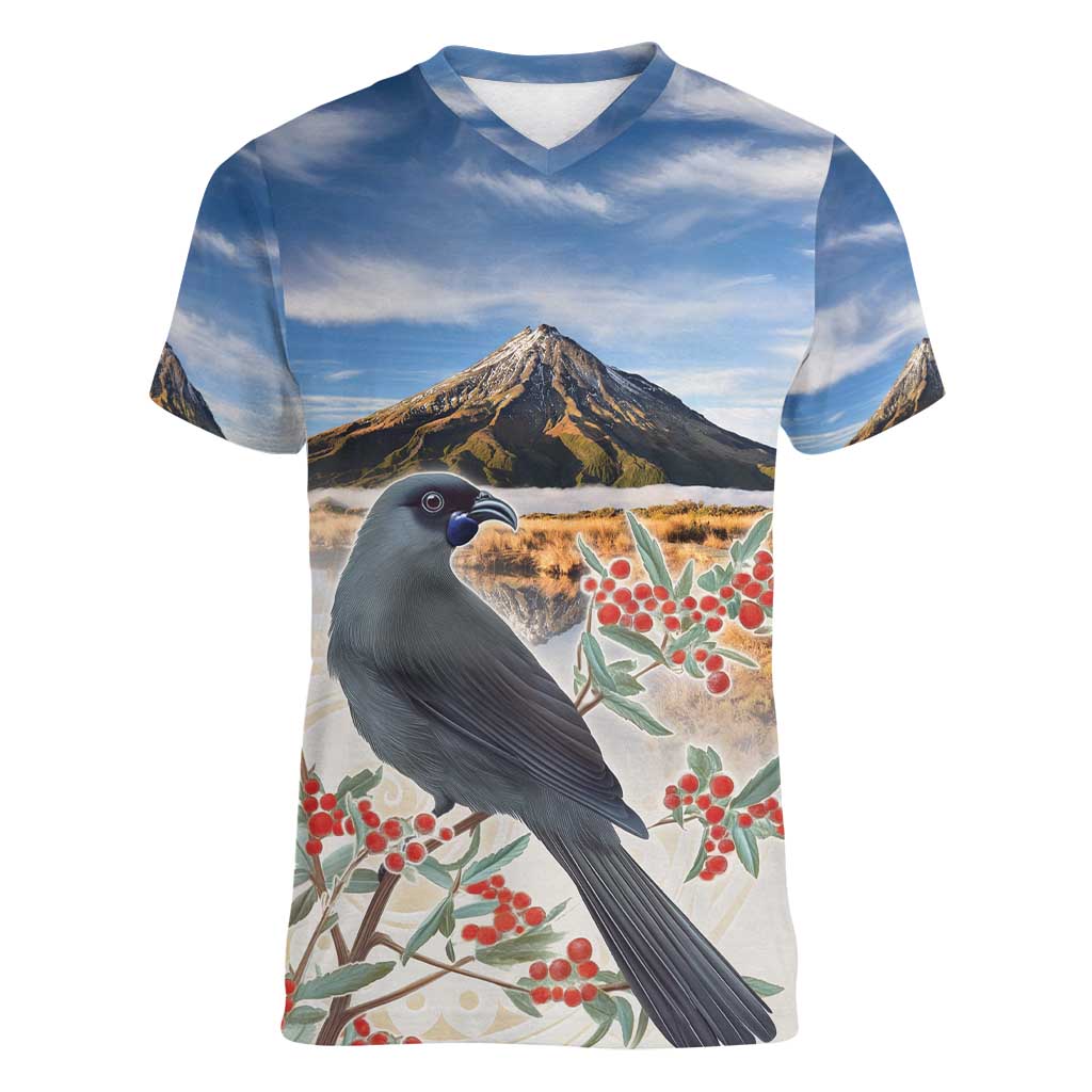 New Zealand Mount Taranaki Landscape Women V-Neck T-Shirt Kokako Bird Polynesian Style