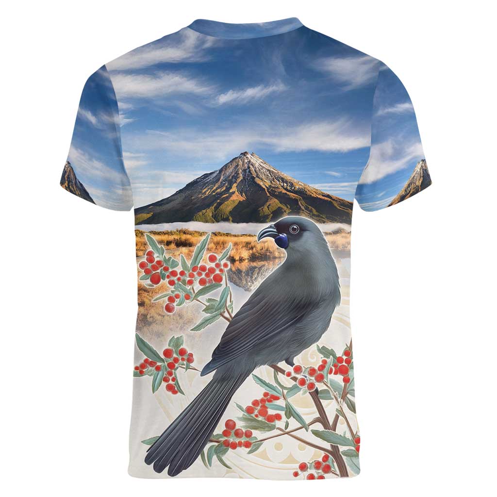 New Zealand Mount Taranaki Landscape Women V-Neck T-Shirt Kokako Bird Polynesian Style