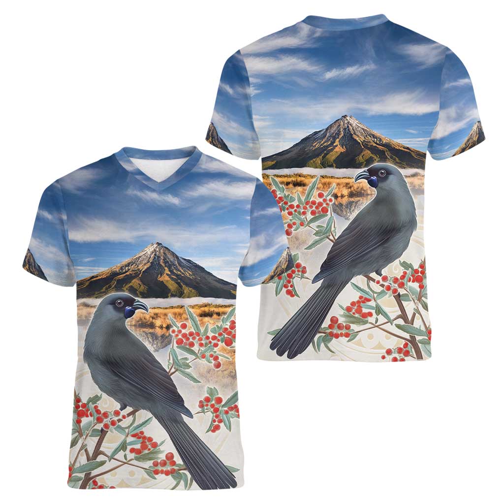 New Zealand Mount Taranaki Landscape Women V-Neck T-Shirt Kokako Bird Polynesian Style