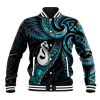 New Zealand Aotearoa Baseball Jacket Maori Manaia Paua Shell Glitter Turquoise