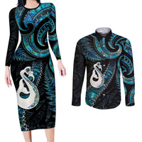 New Zealand Aotearoa Couples Matching Long Sleeve Bodycon Dress and Long Sleeve Button Shirt Maori Manaia Paua Shell Glitter Turquoise