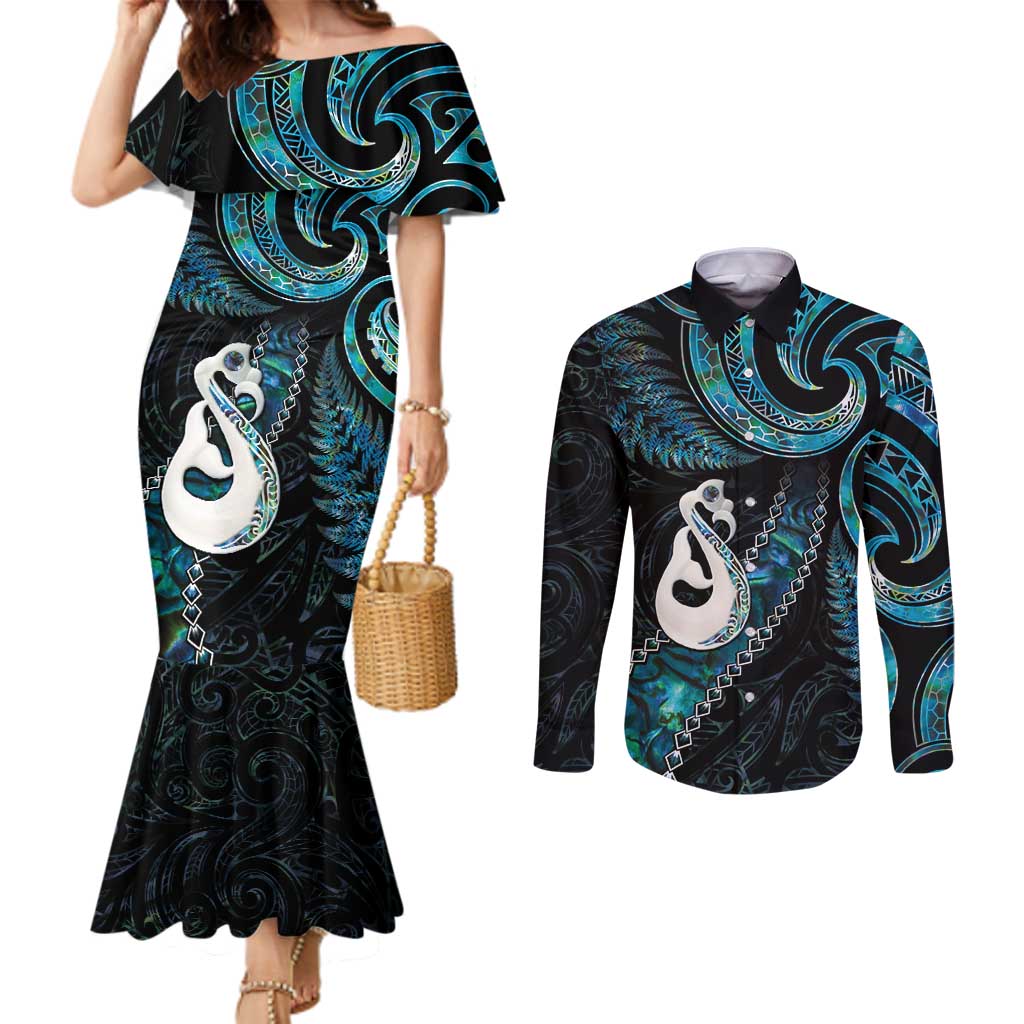 New Zealand Aotearoa Couples Matching Mermaid Dress and Long Sleeve Button Shirt Maori Manaia Paua Shell Glitter Turquoise