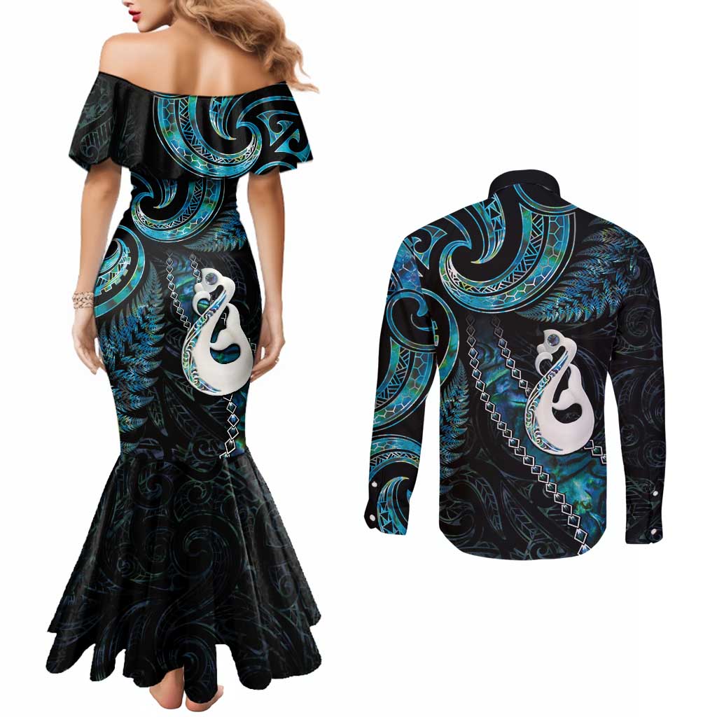 New Zealand Aotearoa Couples Matching Mermaid Dress and Long Sleeve Button Shirt Maori Manaia Paua Shell Glitter Turquoise