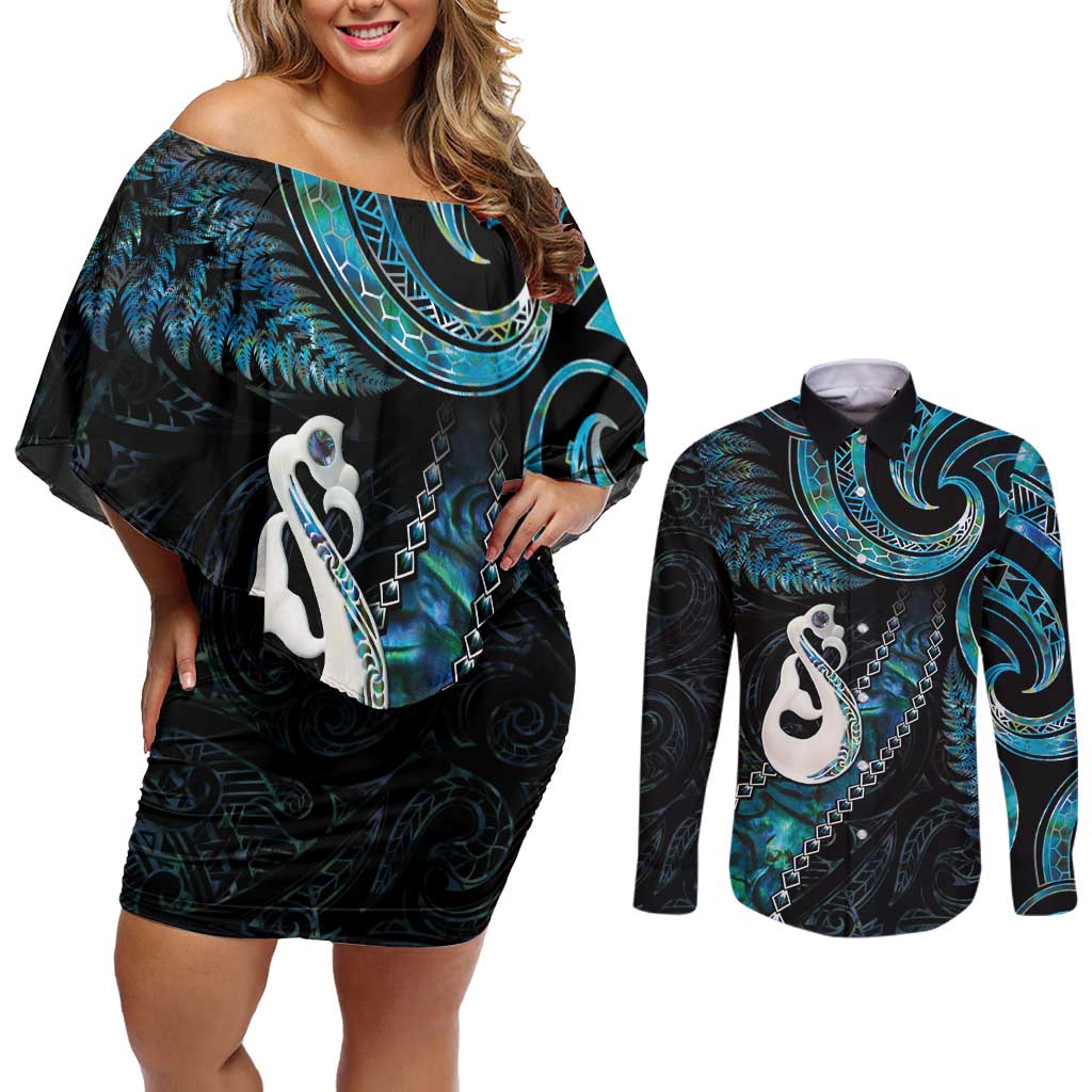 New Zealand Aotearoa Couples Matching Off Shoulder Short Dress and Long Sleeve Button Shirt Maori Manaia Paua Shell Glitter Turquoise LT05 Turquoise - Polynesian Pride