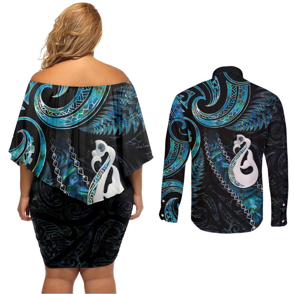 New Zealand Aotearoa Couples Matching Off Shoulder Short Dress and Long Sleeve Button Shirt Maori Manaia Paua Shell Glitter Turquoise LT05 - Polynesian Pride