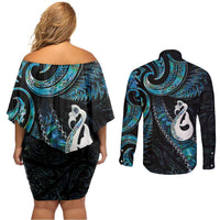 New Zealand Aotearoa Couples Matching Off Shoulder Short Dress and Long Sleeve Button Shirt Maori Manaia Paua Shell Glitter Turquoise LT05 - Polynesian Pride