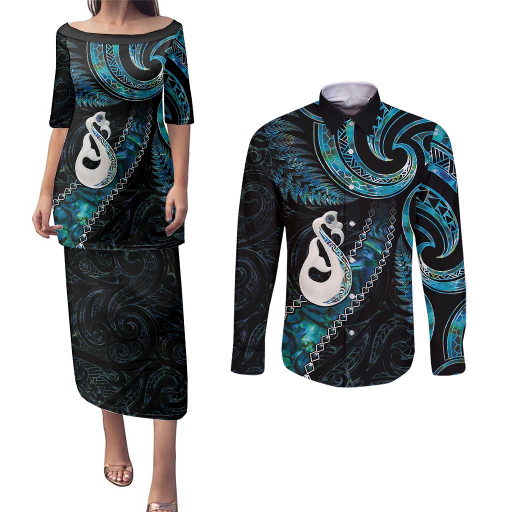 New Zealand Aotearoa Couples Matching Puletasi and Long Sleeve Button Shirt Maori Manaia Paua Shell Glitter Turquoise