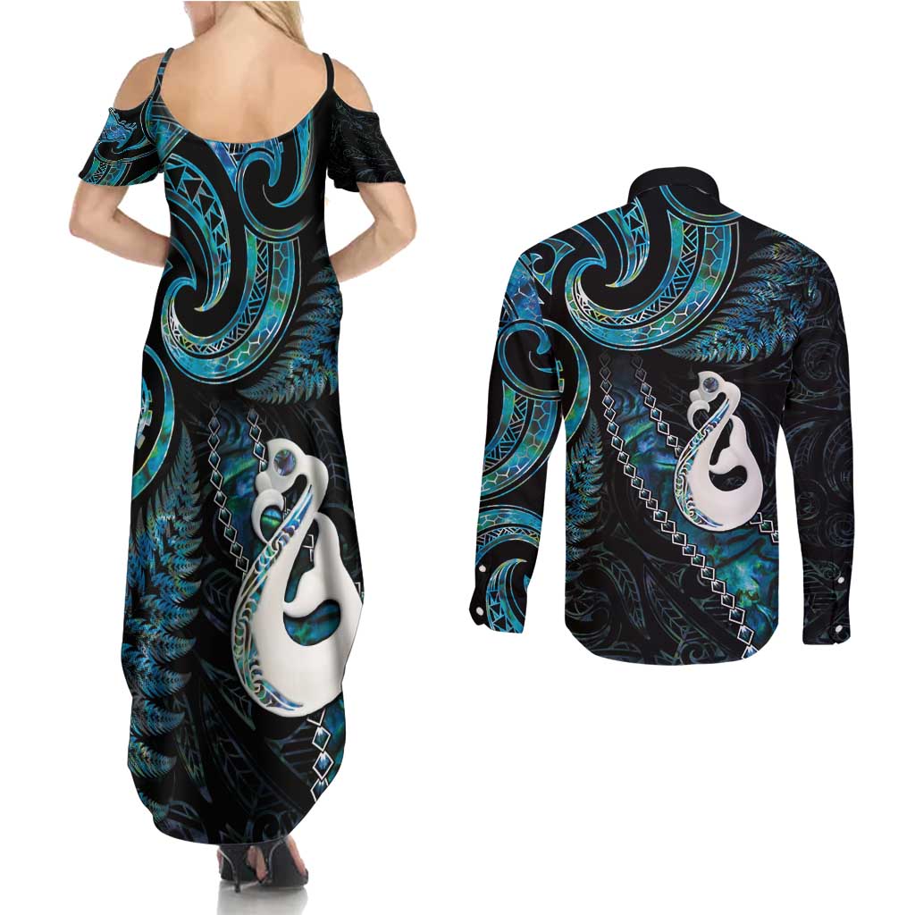 New Zealand Aotearoa Couples Matching Summer Maxi Dress and Long Sleeve Button Shirt Maori Manaia Paua Shell Glitter Turquoise
