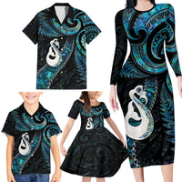 New Zealand Aotearoa Family Matching Long Sleeve Bodycon Dress and Hawaiian Shirt Maori Manaia Paua Shell Glitter Turquoise LT05 - Polynesian Pride