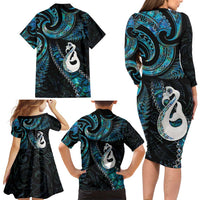 New Zealand Aotearoa Family Matching Long Sleeve Bodycon Dress and Hawaiian Shirt Maori Manaia Paua Shell Glitter Turquoise LT05 - Polynesian Pride