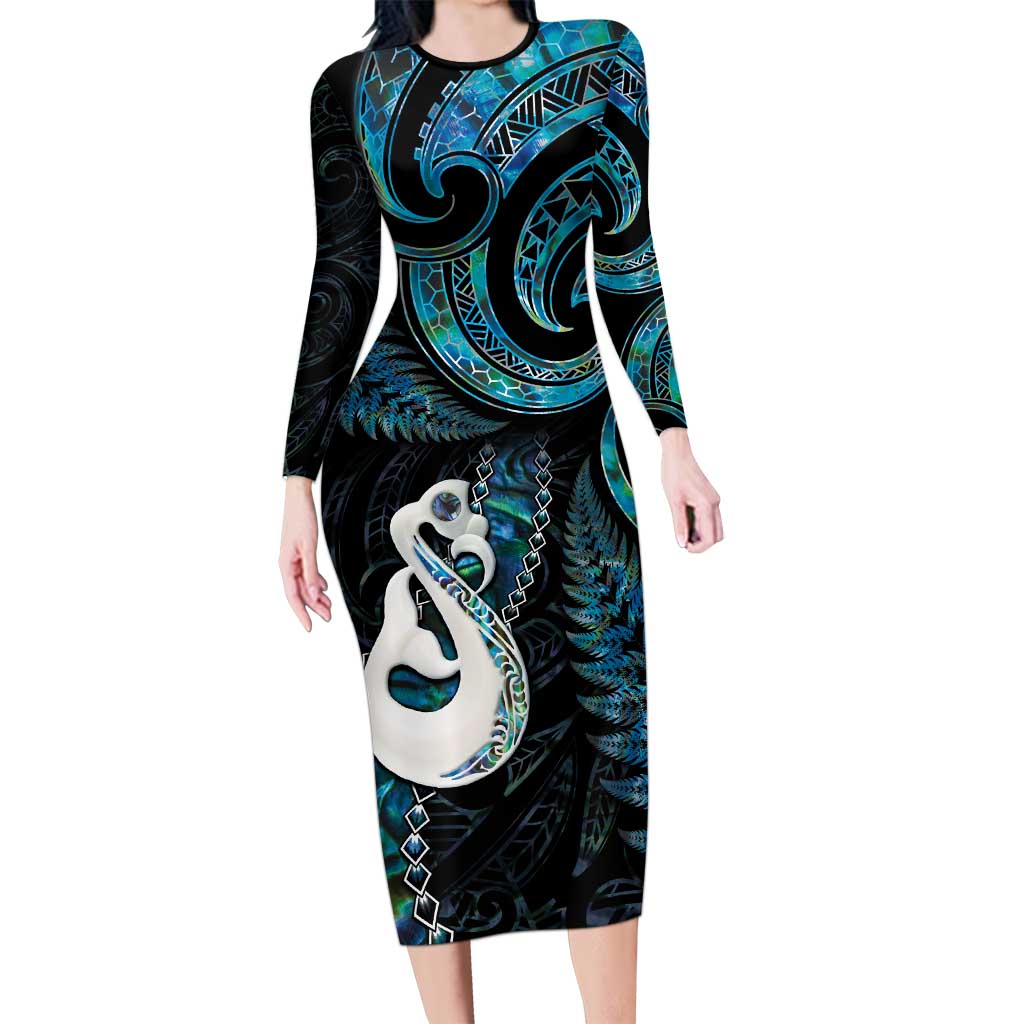 New Zealand Aotearoa Family Matching Long Sleeve Bodycon Dress and Hawaiian Shirt Maori Manaia Paua Shell Glitter Turquoise LT05 Mom's Dress Turquoise - Polynesian Pride