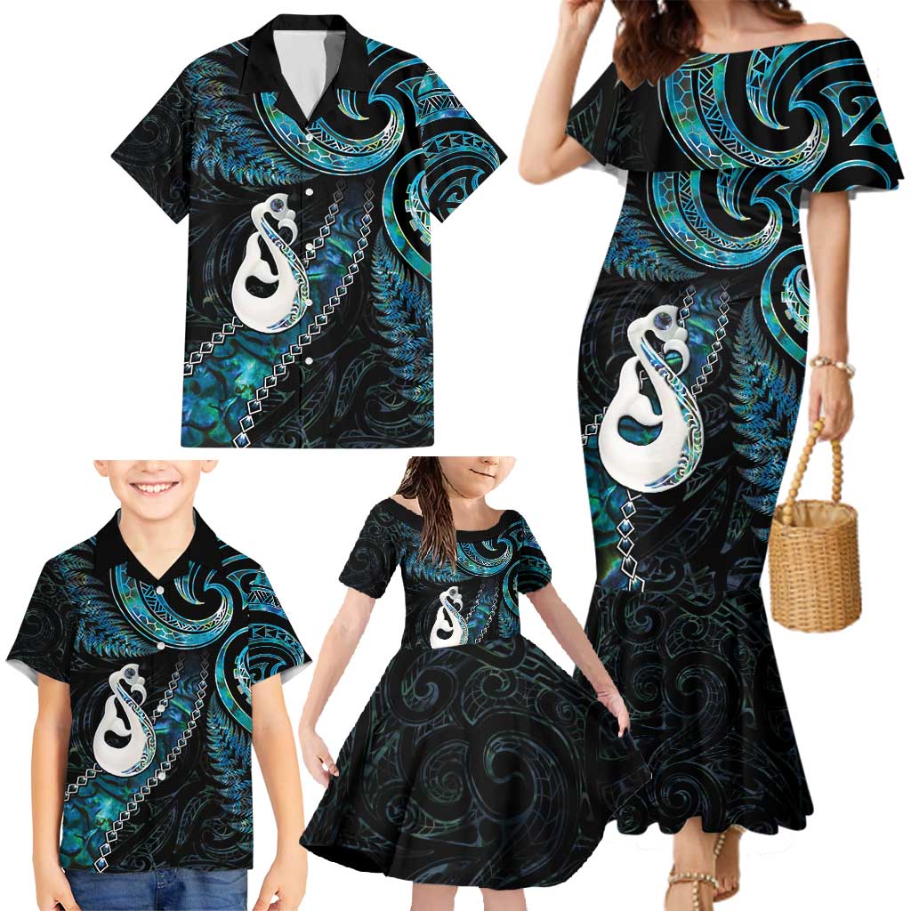 New Zealand Aotearoa Family Matching Mermaid Dress and Hawaiian Shirt Maori Manaia Paua Shell Glitter Turquoise LT05 - Polynesian Pride