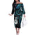 New Zealand Aotearoa Family Matching Off The Shoulder Long Sleeve Dress and Hawaiian Shirt Maori Manaia Paua Shell Glitter Turquoise