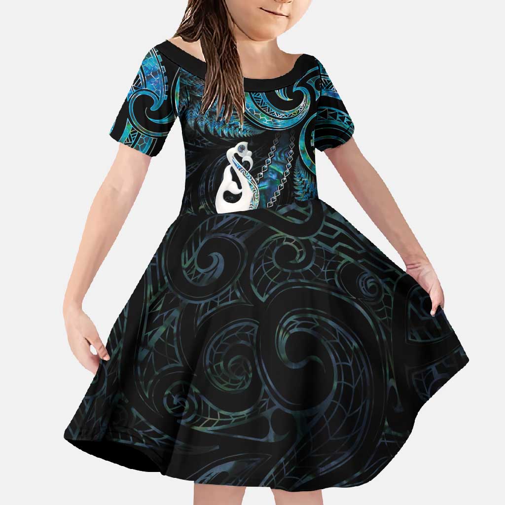 New Zealand Aotearoa Family Matching Off Shoulder Maxi Dress and Hawaiian Shirt Maori Manaia Paua Shell Glitter Turquoise LT05 Daughter's Dress Turquoise - Polynesian Pride