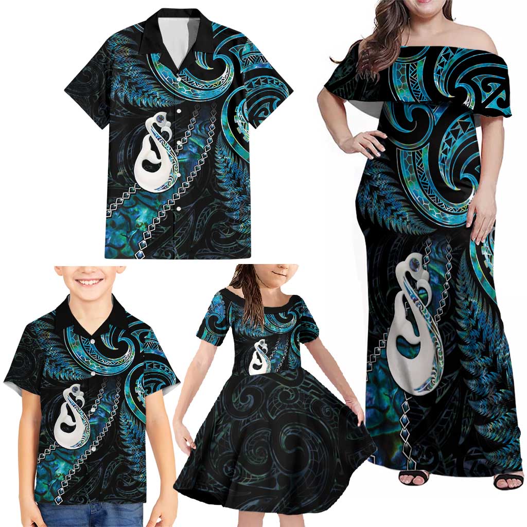 New Zealand Aotearoa Family Matching Off Shoulder Maxi Dress and Hawaiian Shirt Maori Manaia Paua Shell Glitter Turquoise LT05 - Polynesian Pride