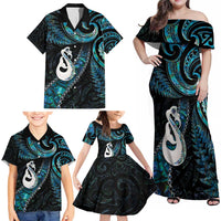 New Zealand Aotearoa Family Matching Off Shoulder Maxi Dress and Hawaiian Shirt Maori Manaia Paua Shell Glitter Turquoise LT05 - Polynesian Pride