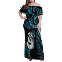 New Zealand Aotearoa Family Matching Off Shoulder Maxi Dress and Hawaiian Shirt Maori Manaia Paua Shell Glitter Turquoise LT05 Mom's Dress Turquoise - Polynesian Pride