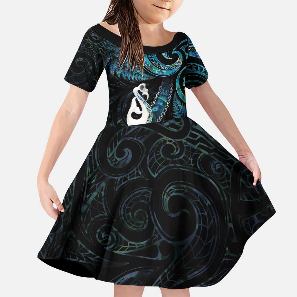 New Zealand Aotearoa Family Matching Puletasi and Hawaiian Shirt Maori Manaia Paua Shell Glitter Turquoise LT05 Daughter's Dress Turquoise - Polynesian Pride