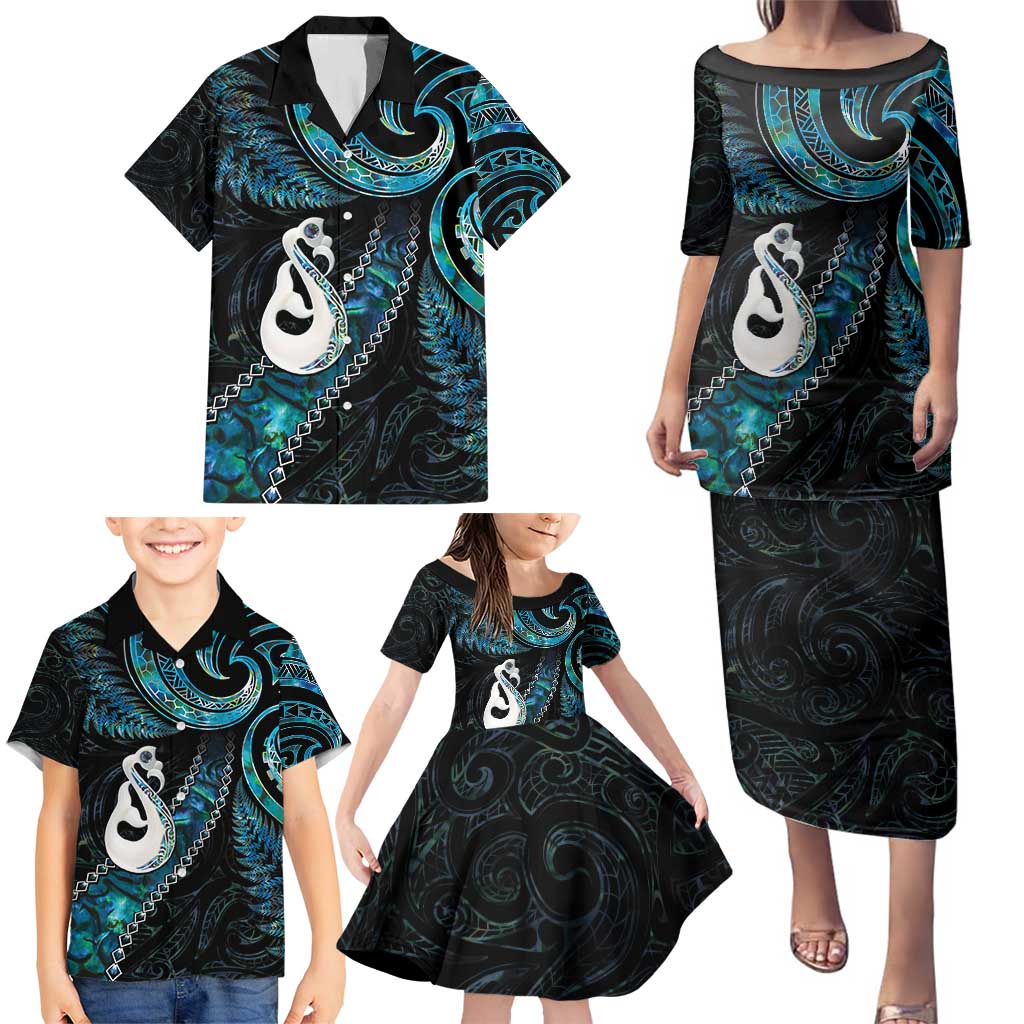 New Zealand Aotearoa Family Matching Puletasi and Hawaiian Shirt Maori Manaia Paua Shell Glitter Turquoise LT05 - Polynesian Pride