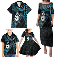New Zealand Aotearoa Family Matching Puletasi and Hawaiian Shirt Maori Manaia Paua Shell Glitter Turquoise LT05 - Polynesian Pride