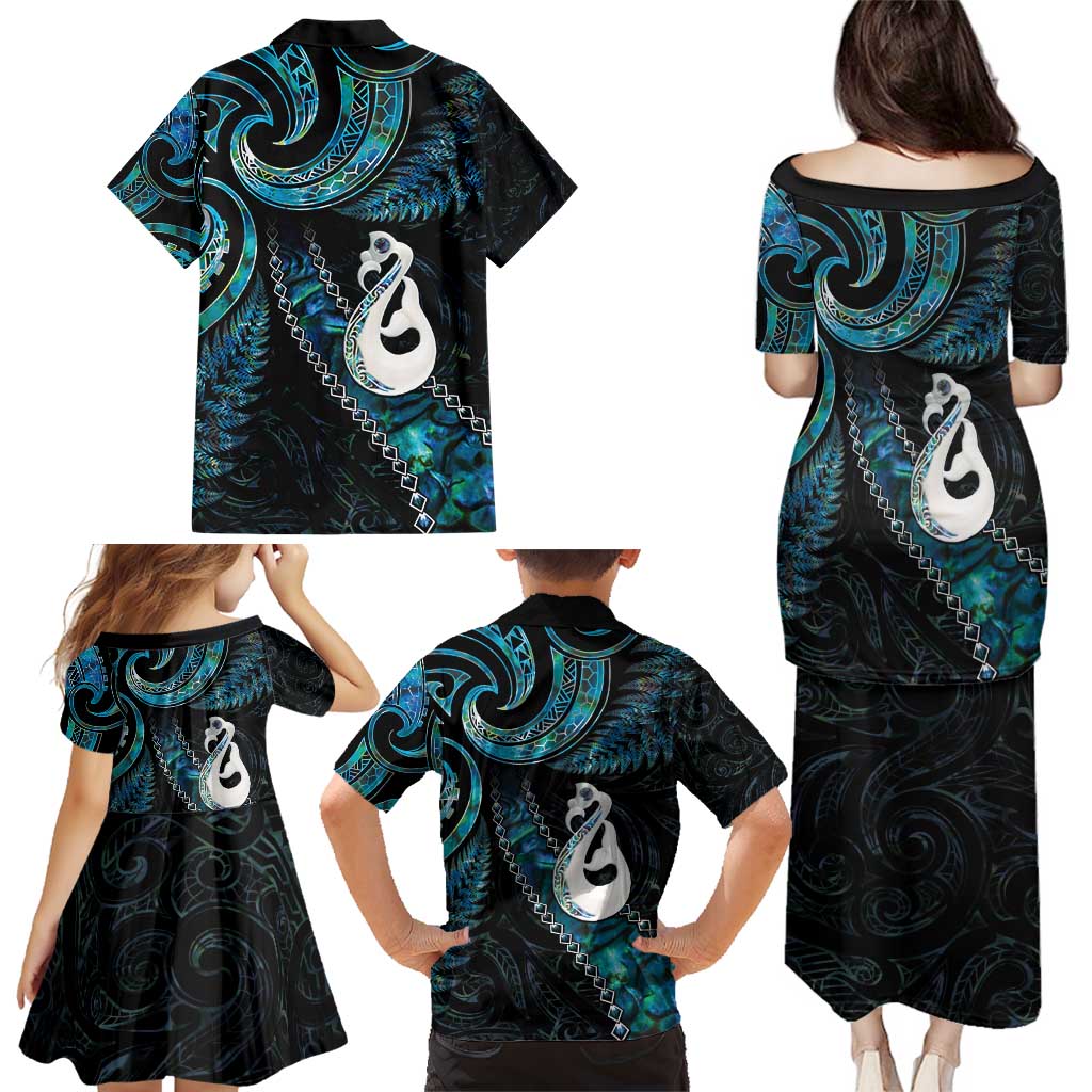 New Zealand Aotearoa Family Matching Puletasi and Hawaiian Shirt Maori Manaia Paua Shell Glitter Turquoise LT05 - Polynesian Pride