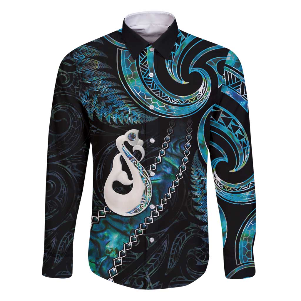 New Zealand Aotearoa Family Matching Puletasi and Hawaiian Shirt Maori Manaia Paua Shell Glitter Turquoise LT05 Dad's Shirt - Long Sleeve Turquoise - Polynesian Pride