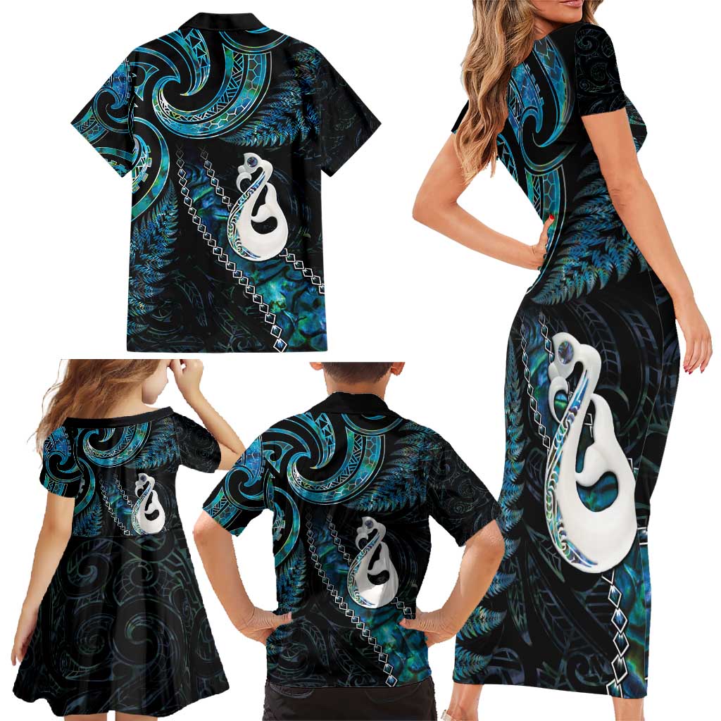 New Zealand Aotearoa Family Matching Short Sleeve Bodycon Dress and Hawaiian Shirt Maori Manaia Paua Shell Glitter Turquoise LT05 - Polynesian Pride