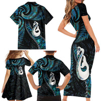 New Zealand Aotearoa Family Matching Short Sleeve Bodycon Dress and Hawaiian Shirt Maori Manaia Paua Shell Glitter Turquoise LT05 - Polynesian Pride