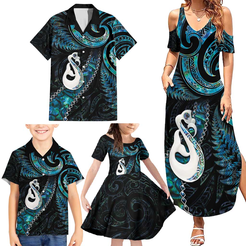 New Zealand Aotearoa Family Matching Summer Maxi Dress and Hawaiian Shirt Maori Manaia Paua Shell Glitter Turquoise LT05 - Polynesian Pride