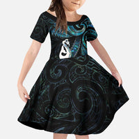 New Zealand Aotearoa Family Matching Tank Maxi Dress and Hawaiian Shirt Maori Manaia Paua Shell Glitter Turquoise LT05 Daughter's Dress Turquoise - Polynesian Pride