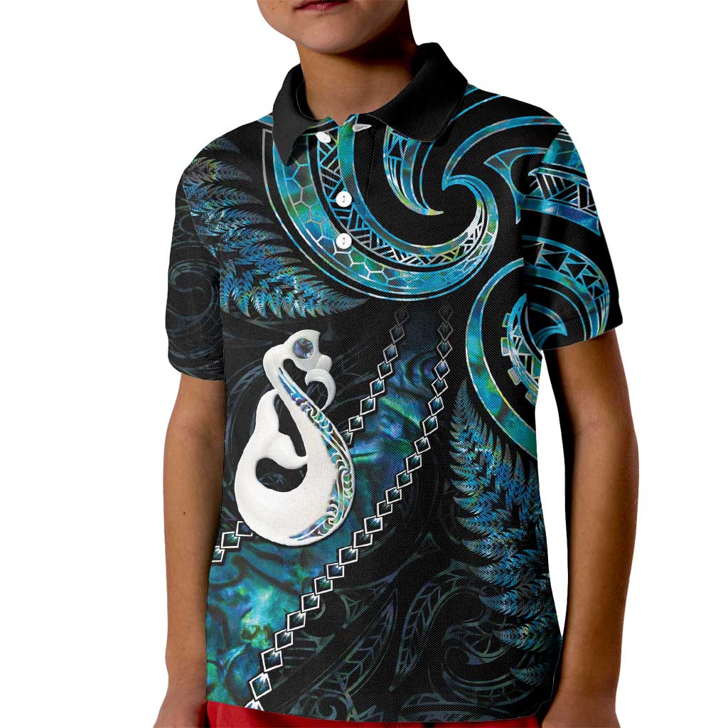 New Zealand Aotearoa Kid Polo Shirt Maori Manaia Paua Shell Glitter Turquoise LT05 Kid Turquoise - Polynesian Pride