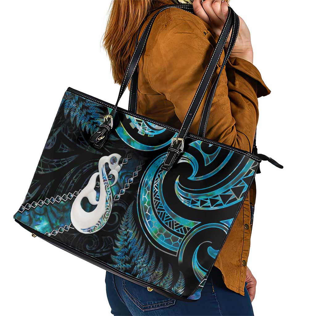 New Zealand Aotearoa Leather Tote Bag Maori Manaia Paua Shell Glitter Turquoise