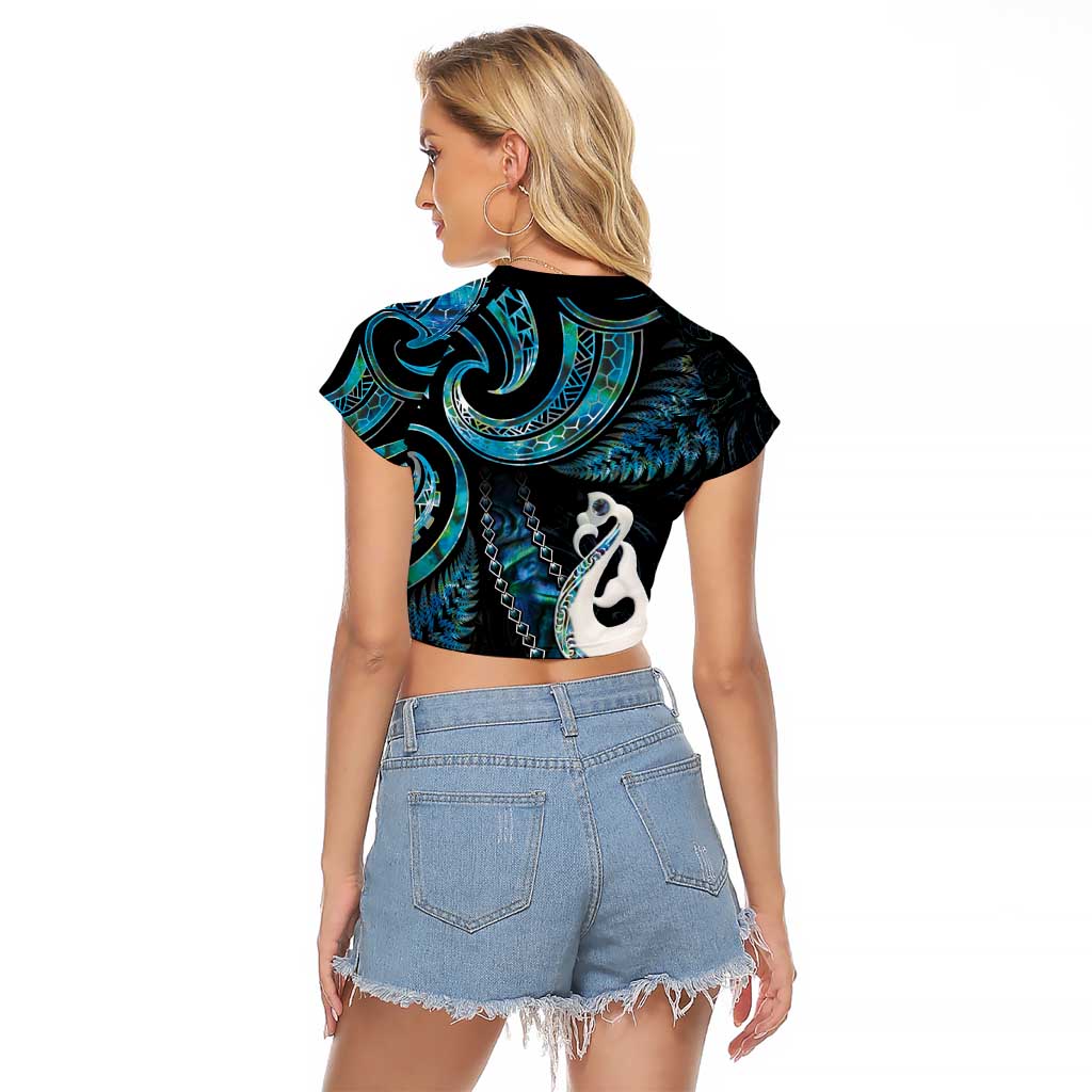 New Zealand Aotearoa Raglan Cropped T Shirt Maori Manaia Paua Shell Glitter Turquoise LT05 - Polynesian Pride