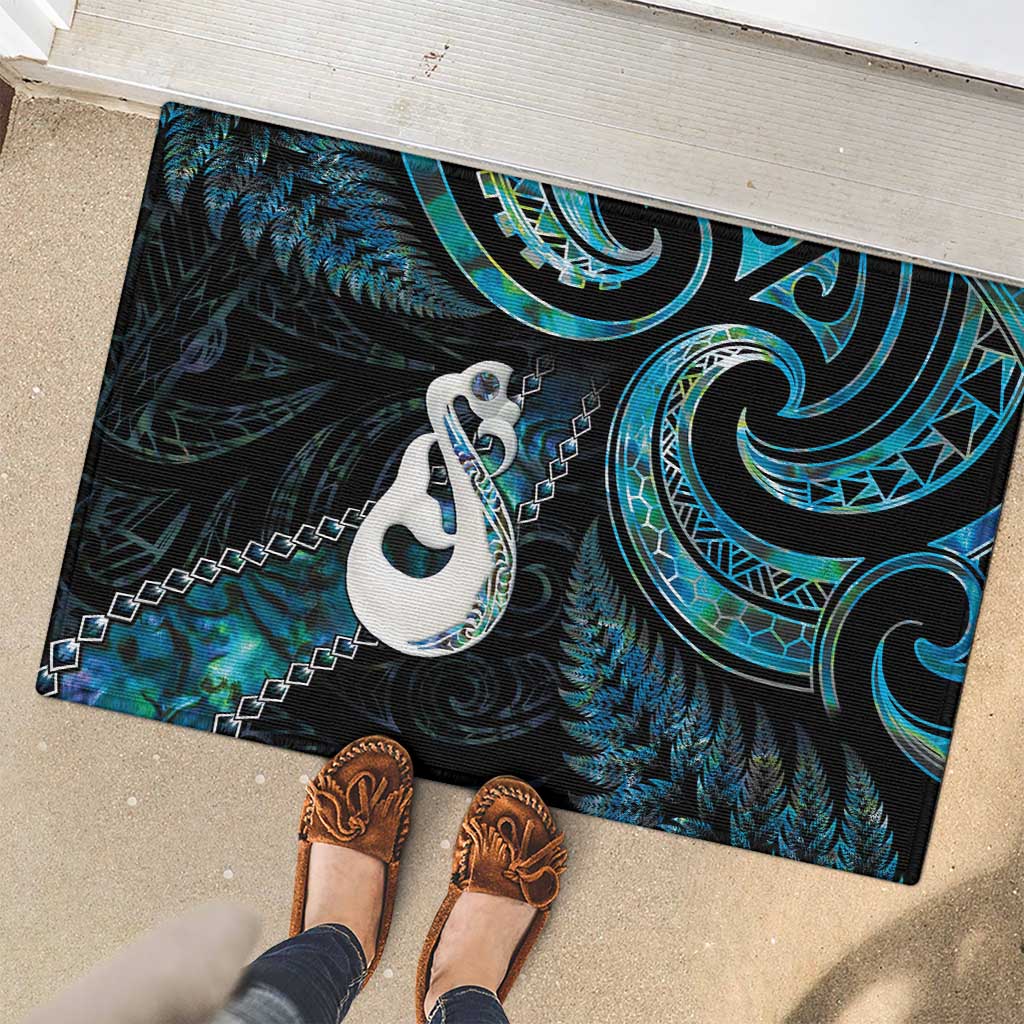 New Zealand Aotearoa Rubber Doormat Maori Manaia Paua Shell Glitter Turquoise