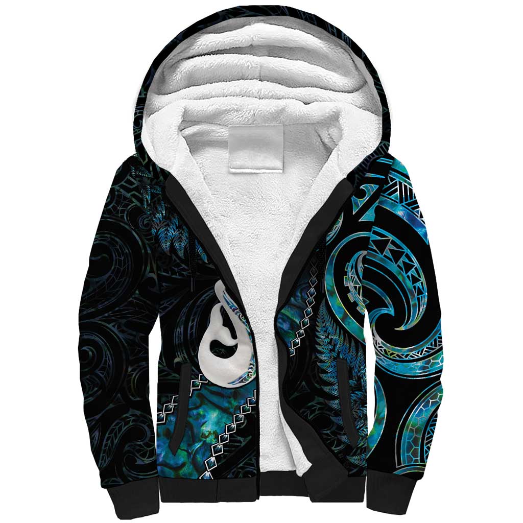 New Zealand Aotearoa Sherpa Hoodie Maori Manaia Paua Shell Glitter Turquoise