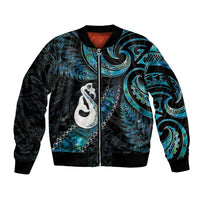 New Zealand Aotearoa Sleeve Zip Bomber Jacket Maori Manaia Paua Shell Glitter Turquoise