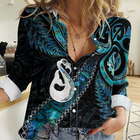 New Zealand Aotearoa Women Casual Shirt Maori Manaia Paua Shell Glitter Turquoise LT05 Female Turquoise - Polynesian Pride
