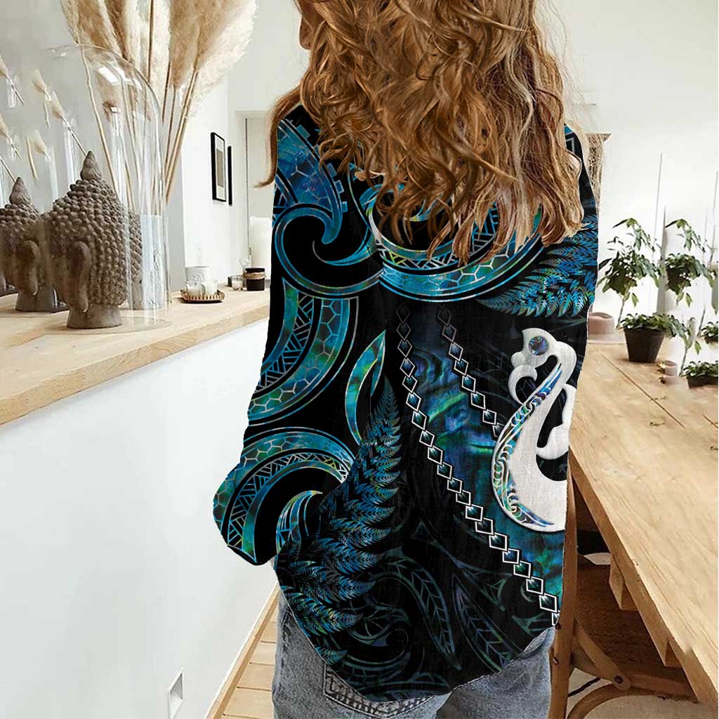 New Zealand Aotearoa Women Casual Shirt Maori Manaia Paua Shell Glitter Turquoise LT05 - Polynesian Pride