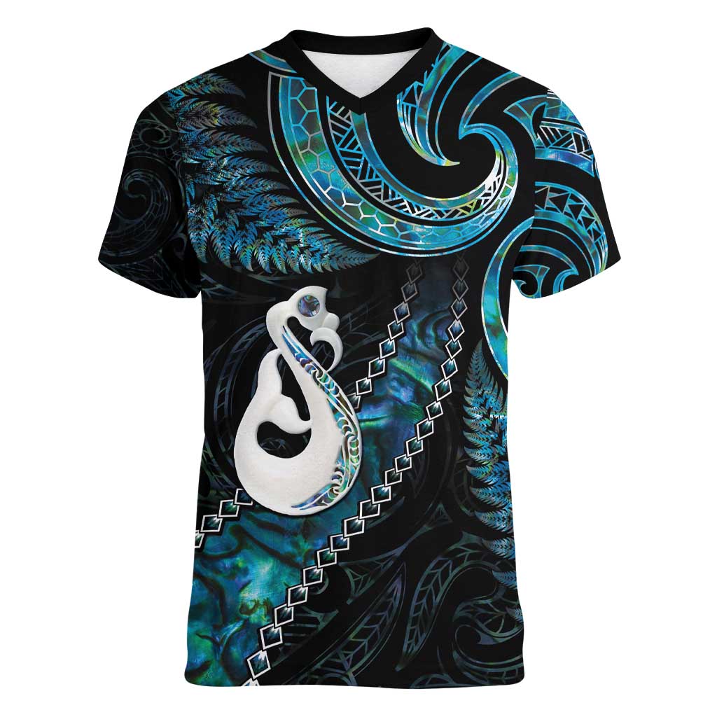 New Zealand Aotearoa Women V-Neck T-Shirt Maori Manaia Paua Shell Glitter Turquoise LT05 Female Turquoise - Polynesian Pride