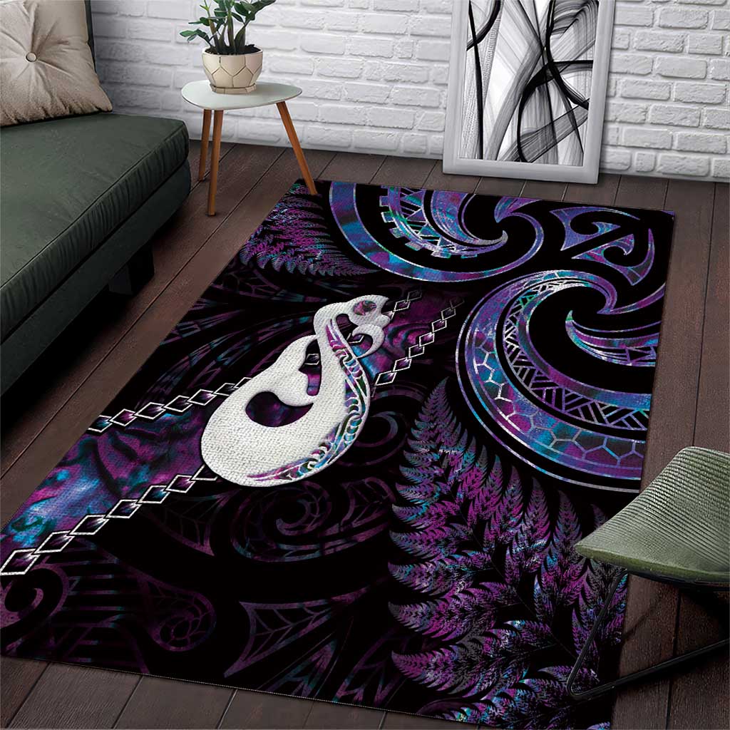 New Zealand Aotearoa Area Rug Maori Manaia Paua Shell Glitter Purple